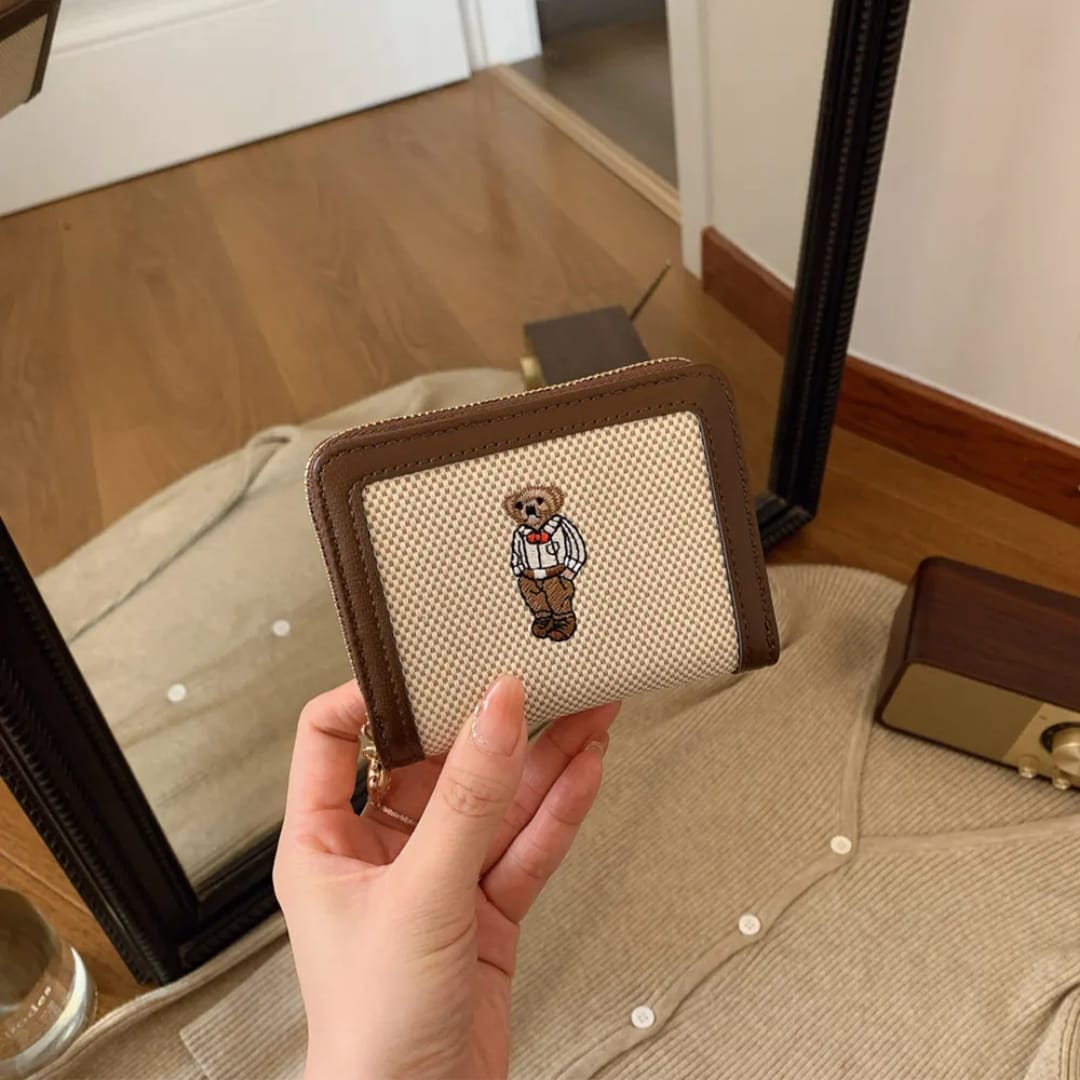 Cute Teddy Bear Embroidered Canvas Wallet