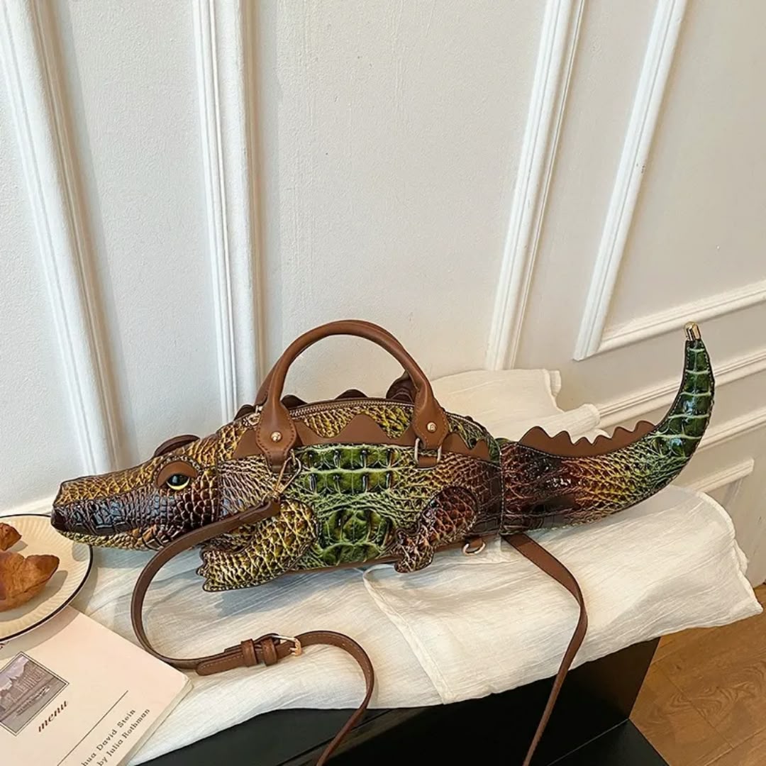 Elegant Crocodile-Shaped Embroidered Backpack & Handbag